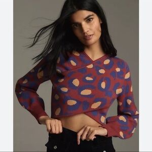 Farm Rio Cross-Front Pullover Sweater Sz M Leopard Print